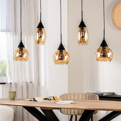 Hanglamp Lungo zwart amber glas 5-lichts