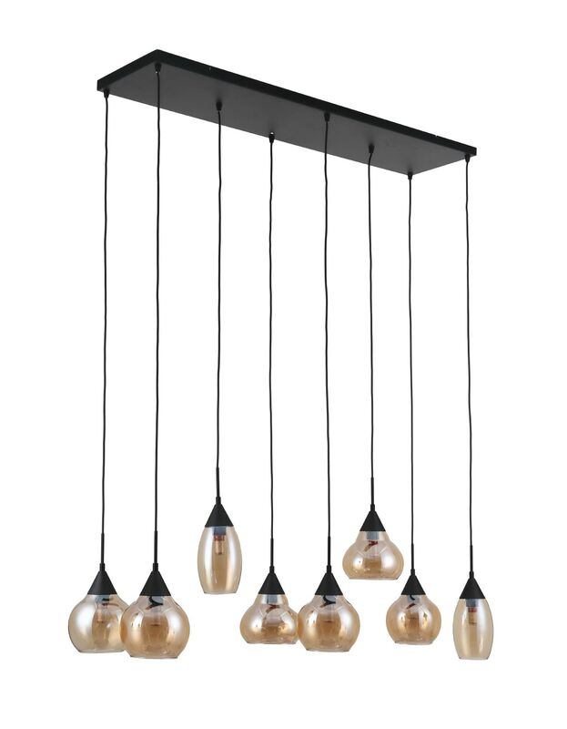 Hanglamp Lungo zwart amber glas 8-lichts