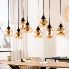 Hanglamp Lungo zwart amber glas 8-lichts