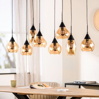 Hanglamp Lungo zwart amber glas 8-lichts