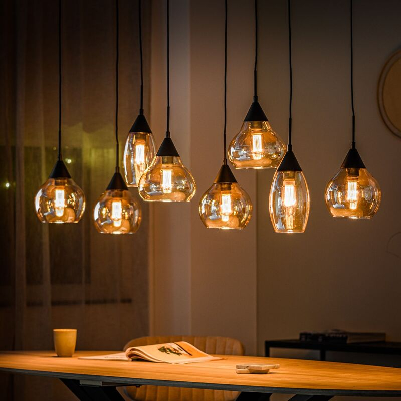 Hanglamp Lungo zwart amber glas 8-lichts