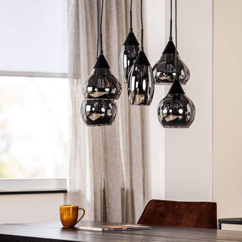 Hanglamp zwart smoke glas 6-lichts - Lungo