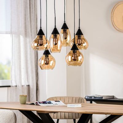 Hanglamp Lungo zwart amber glas 6-lichts
