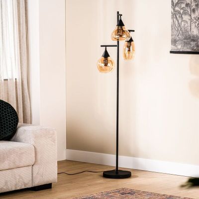 Vloerlamp Lungo zwart amber glas 3-lichts