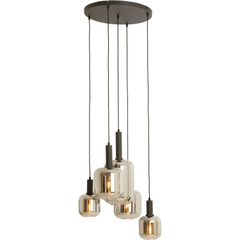 Hanglamp Trecate mat zwart smoke glas 5-lichts rond